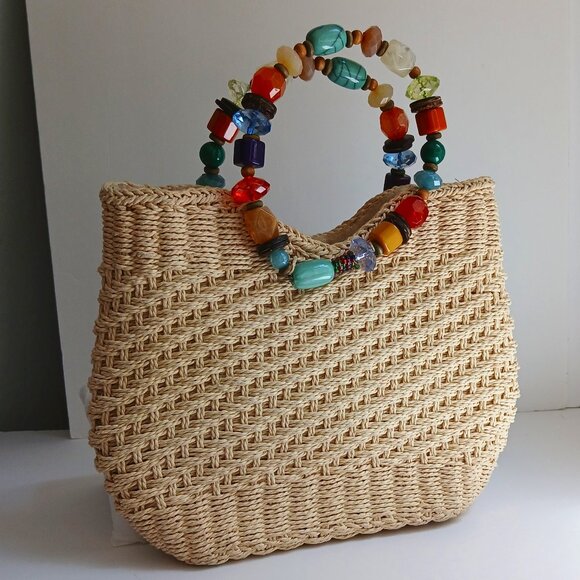 Cappelli Straworld Y2K Natural Woven Satchel Bag with Round Bejewelled Handles - Picture 1 of 7
